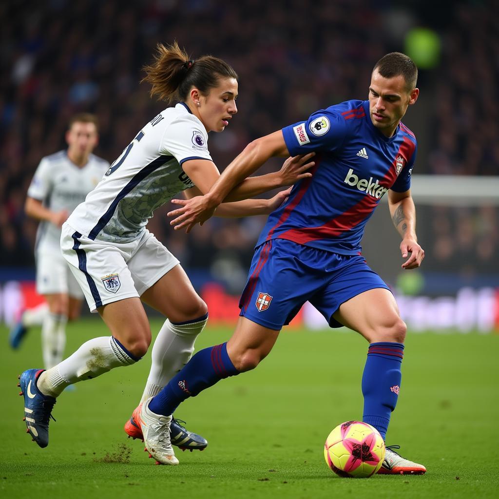 A football player expertly shielding the ball from a defender