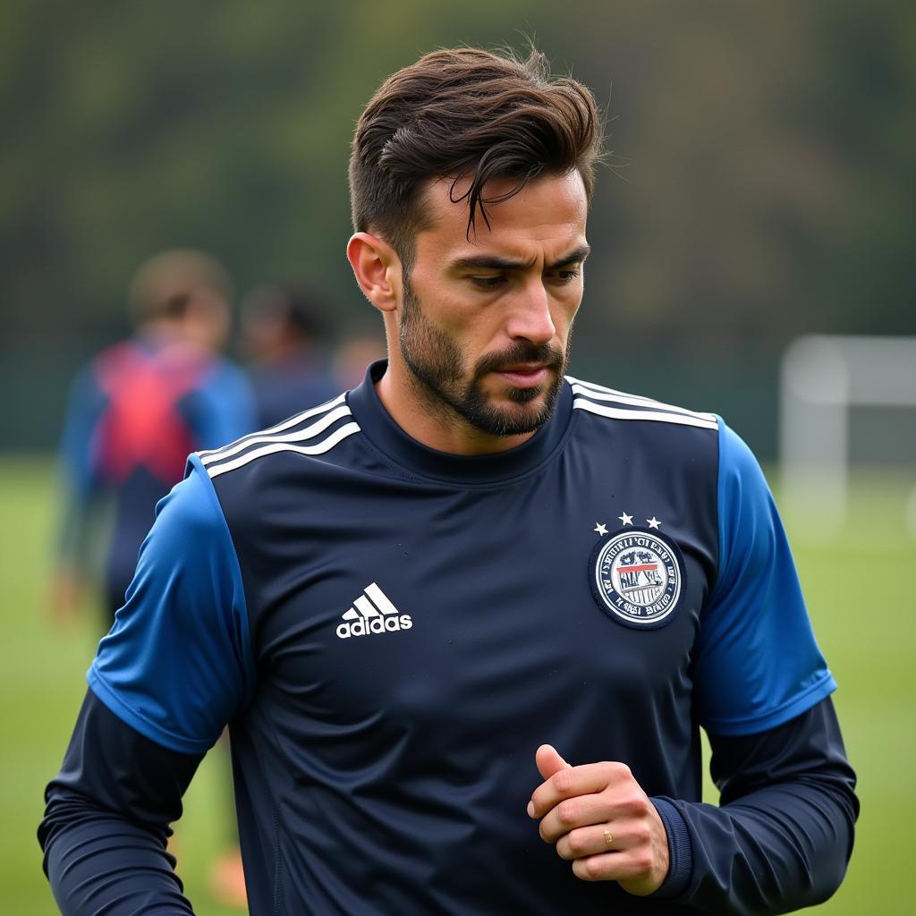 A determined footballer pushing himself to the limit during a rigorous training session