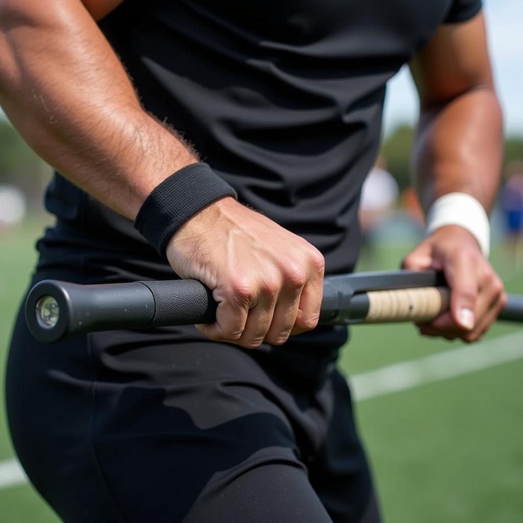 Football player training with a mace stick