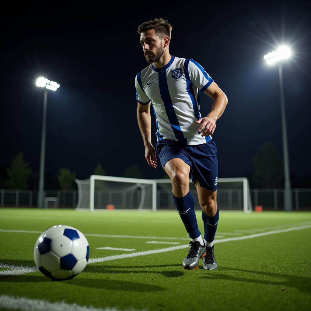 A football player in action under the bright Benzi LED lights