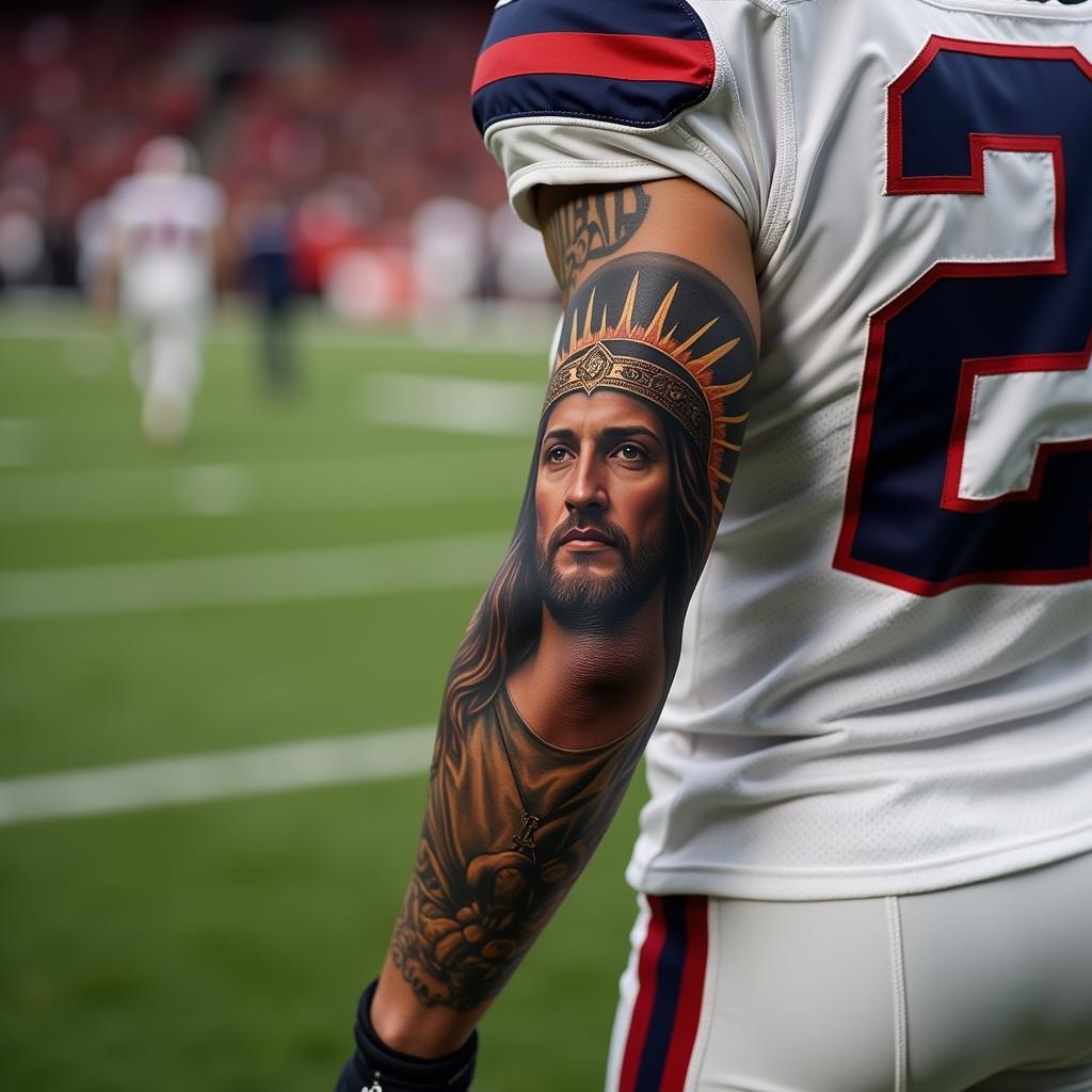 Football Player with Christian Arm Sleeve Tattoo