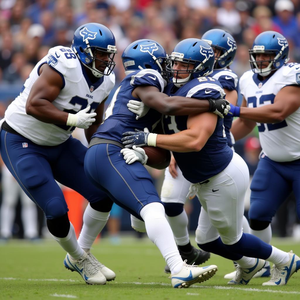 Football players wearing fox blue helmets during a game