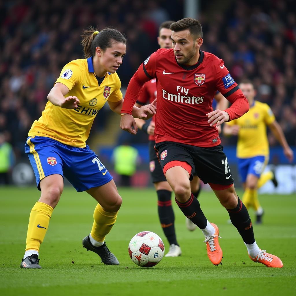 Football players demonstrating their skill and intensity on the pitch during a live match.