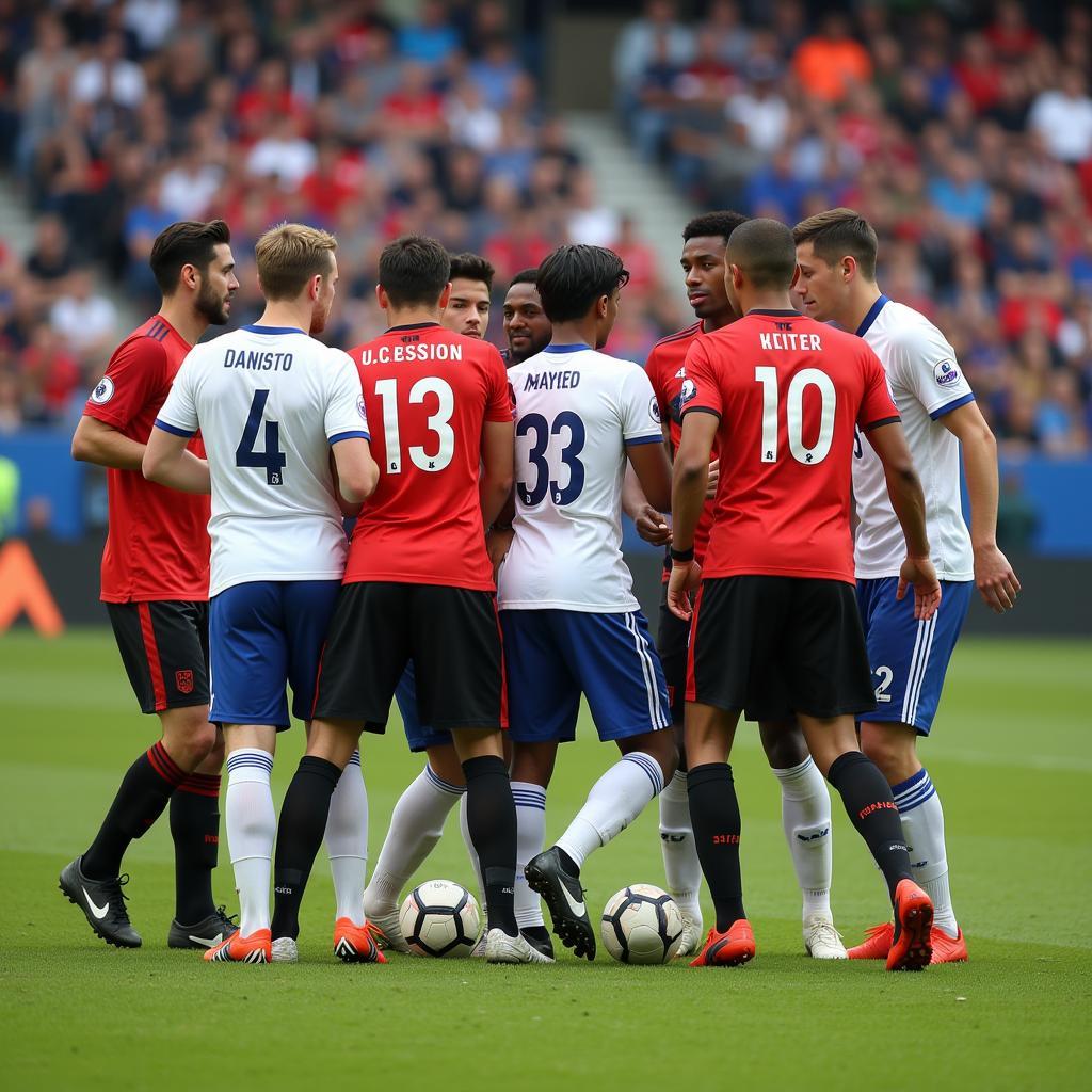 Football players passing in a tight space, surrounded by opponents