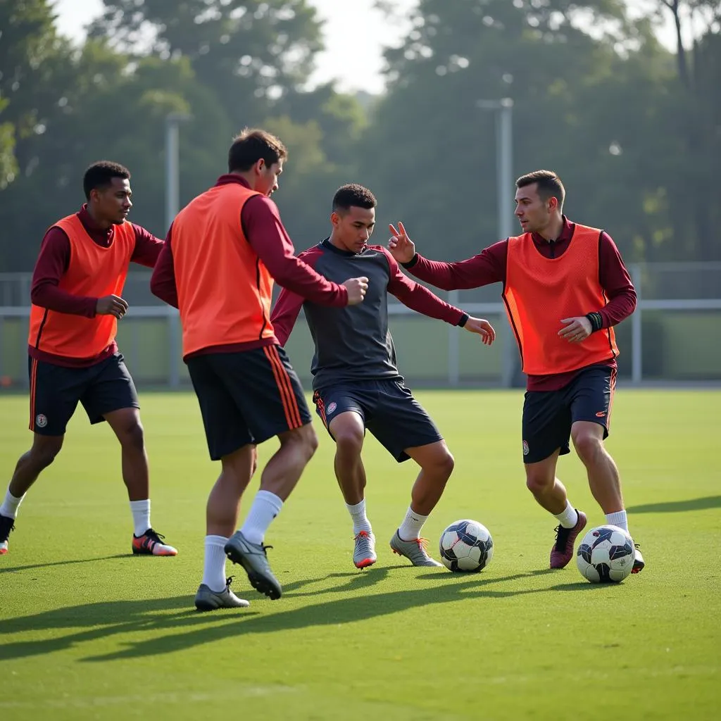 Football players practicing passing drills during training