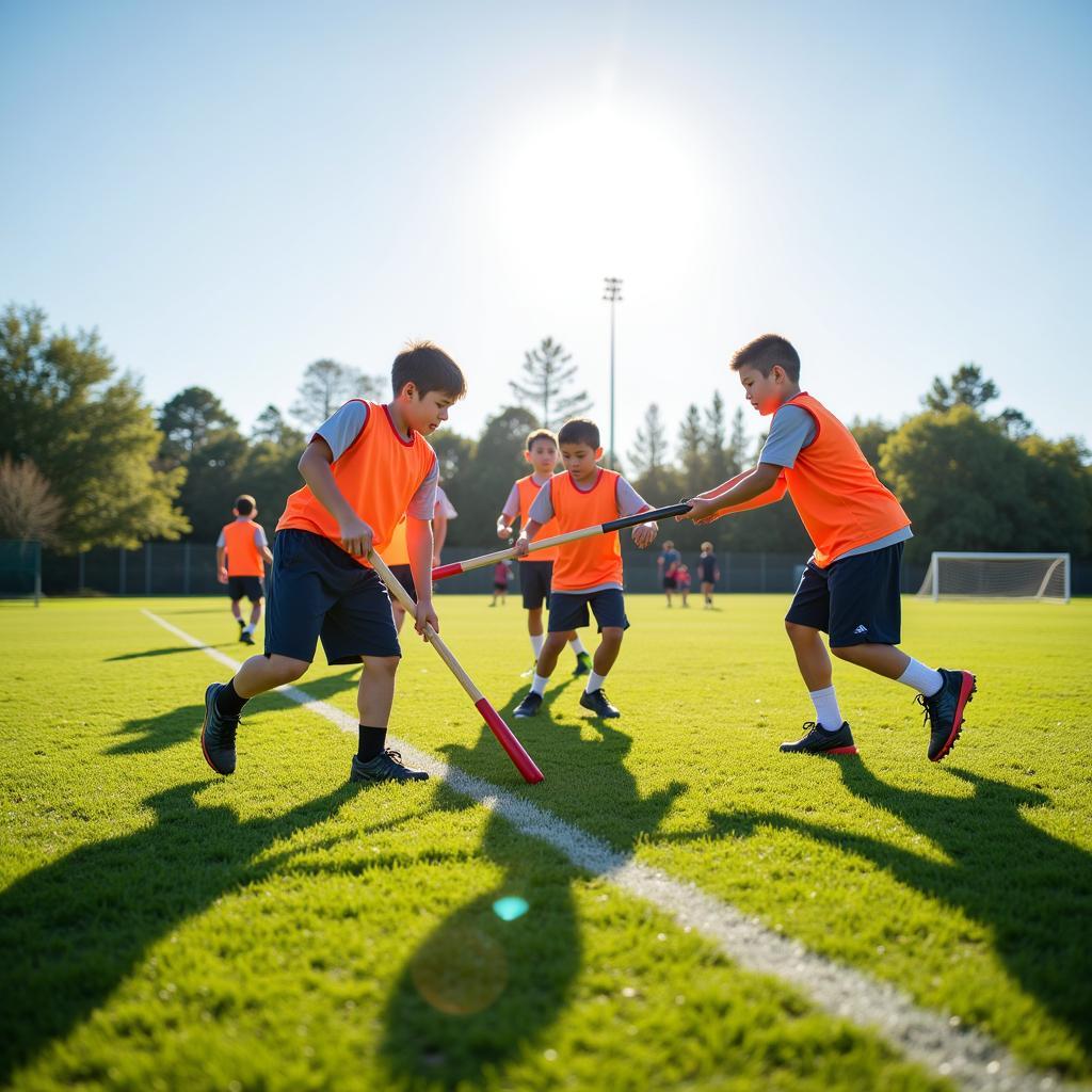 Football players practicing with mace sticks