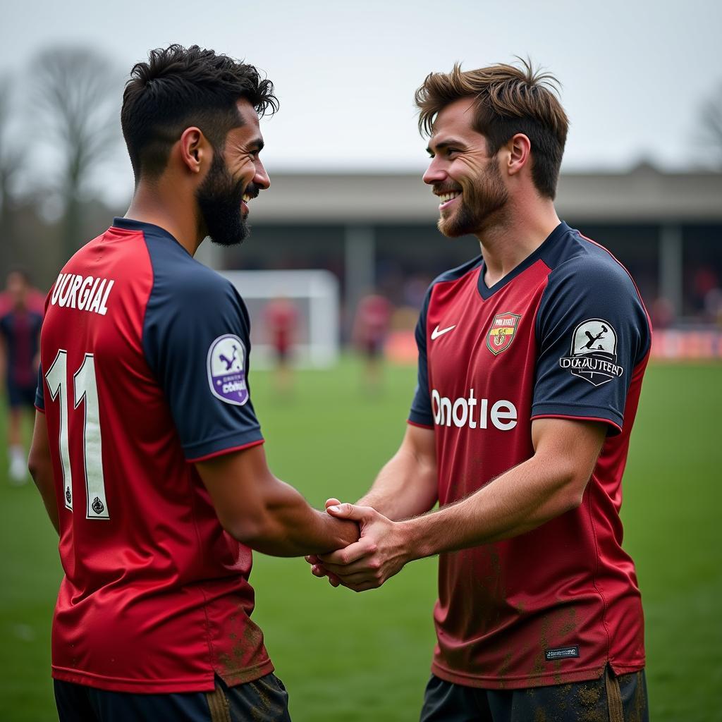 Football players from opposing teams shaking hands after a match