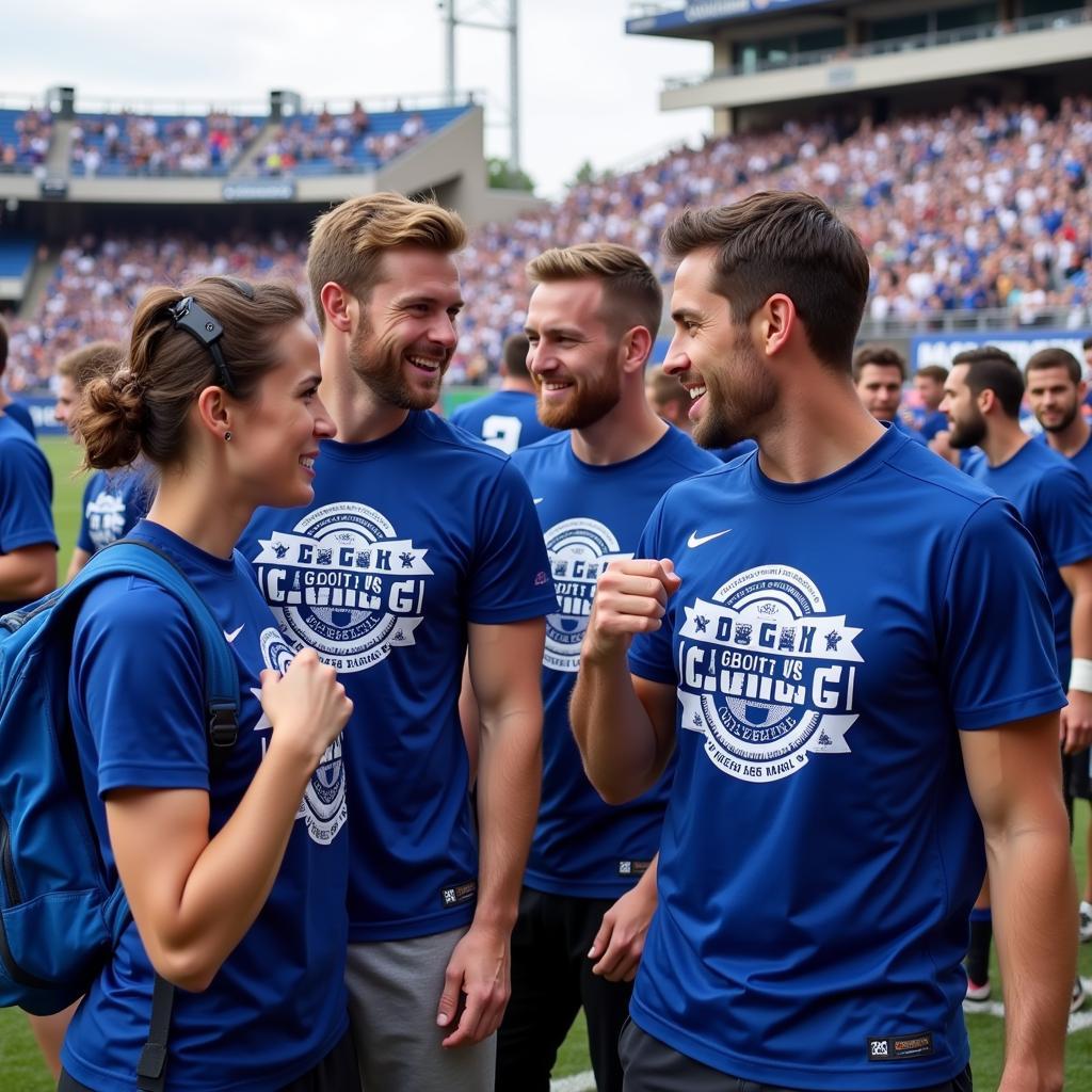 Football players supporting cancer research by participating in a fundraising event