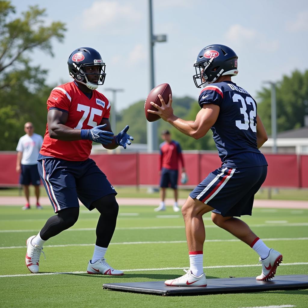 Two football players training together using a 24 foot walk board.