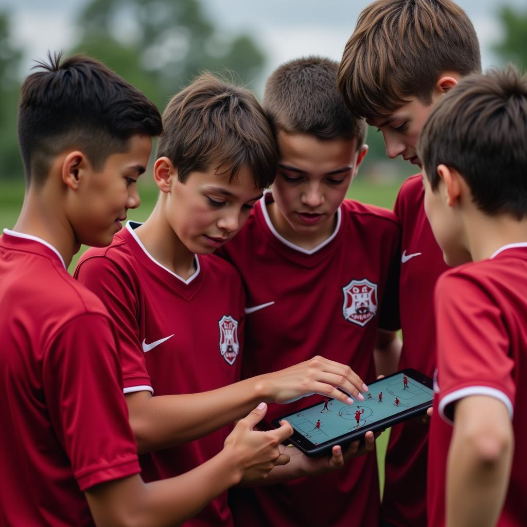 Football team analyzing a match on a tablet