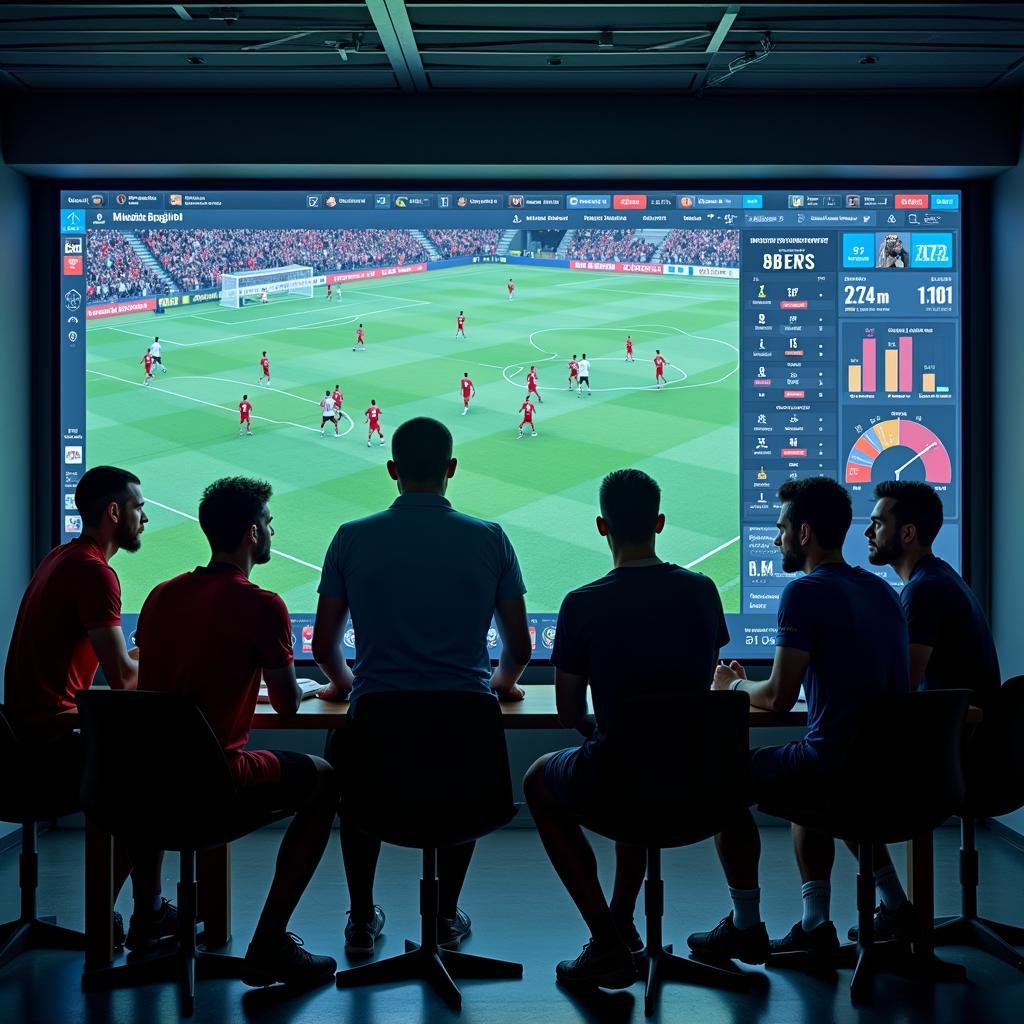 Football team analyzing match statistics on a touchscreen