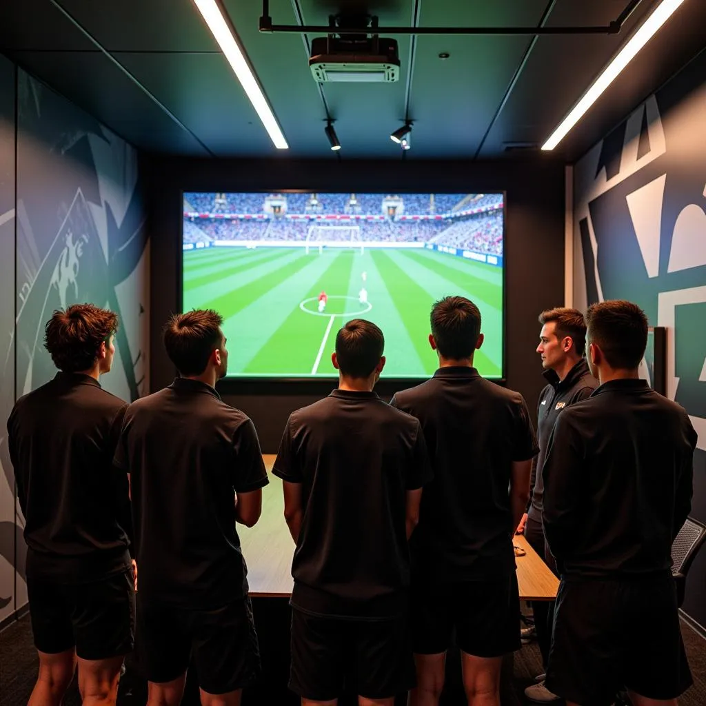 Football team analyzing training session footage 