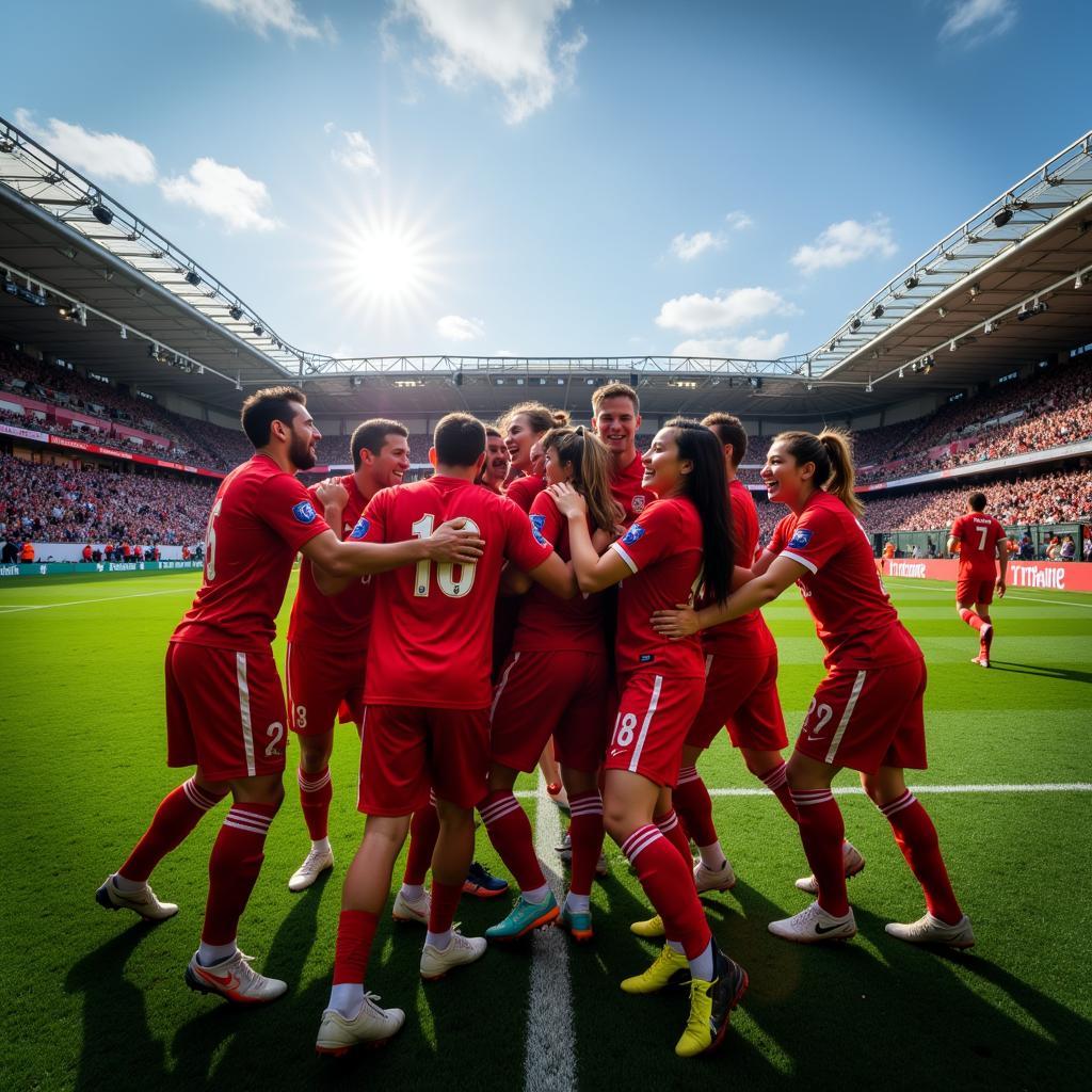 Football team celebrating a hard-fought goal