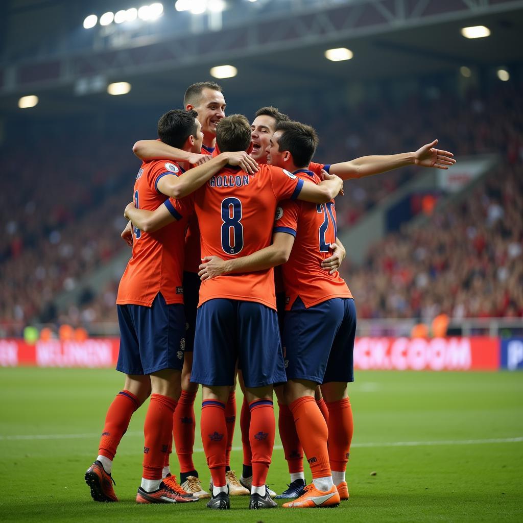 Football team celebrating a goal after effective communication