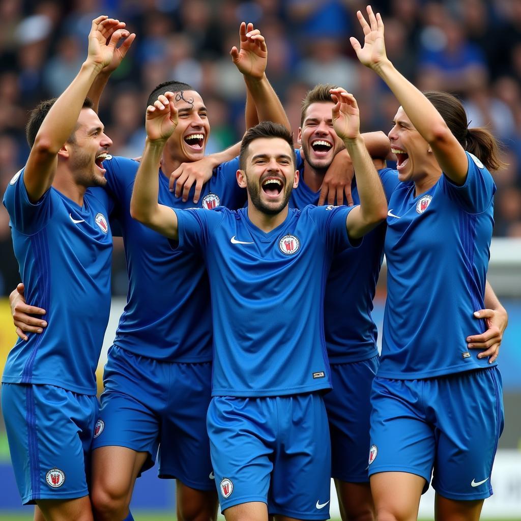 A football team celebrates a goal with joy and unity.