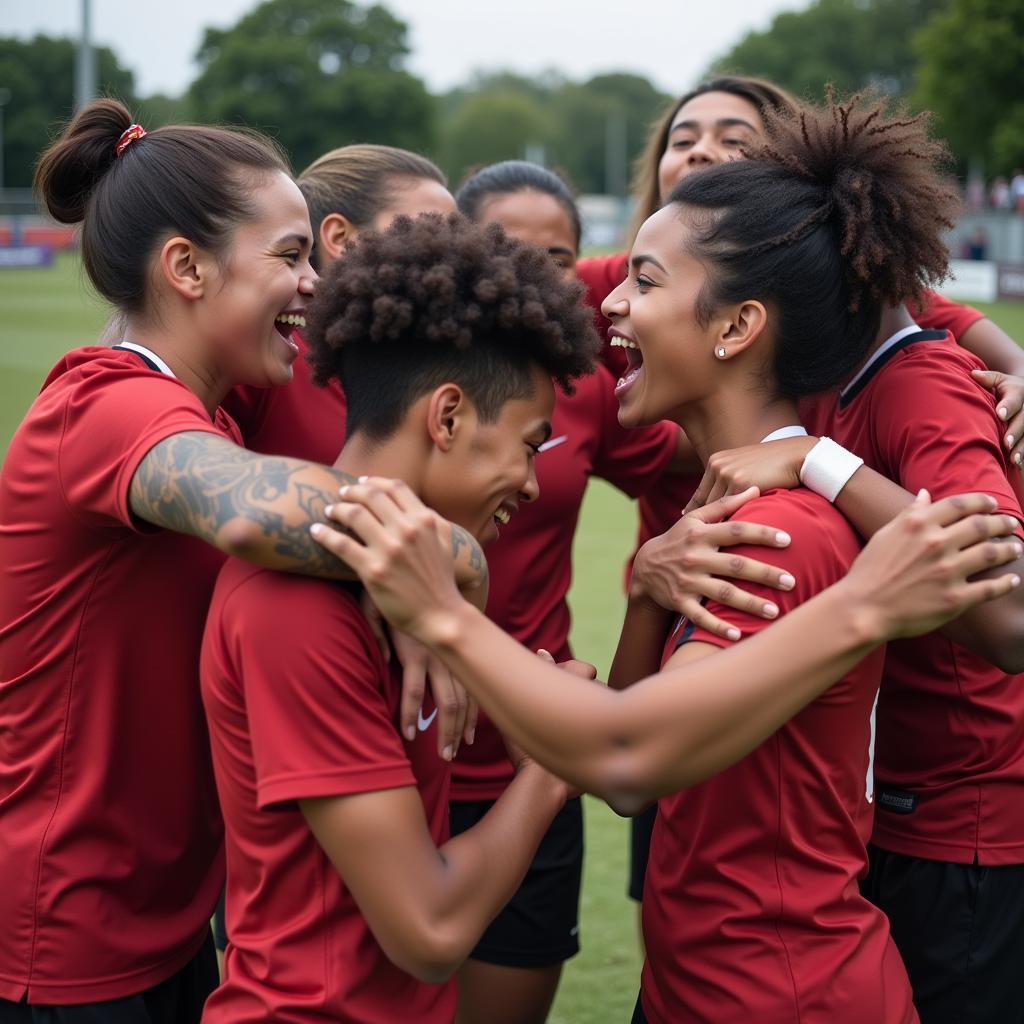 A diverse football team celebrates a goal, showcasing unity and strategic planning.