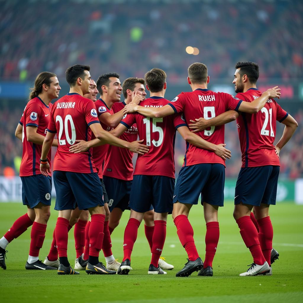  A jubilant football team celebrating a goal 