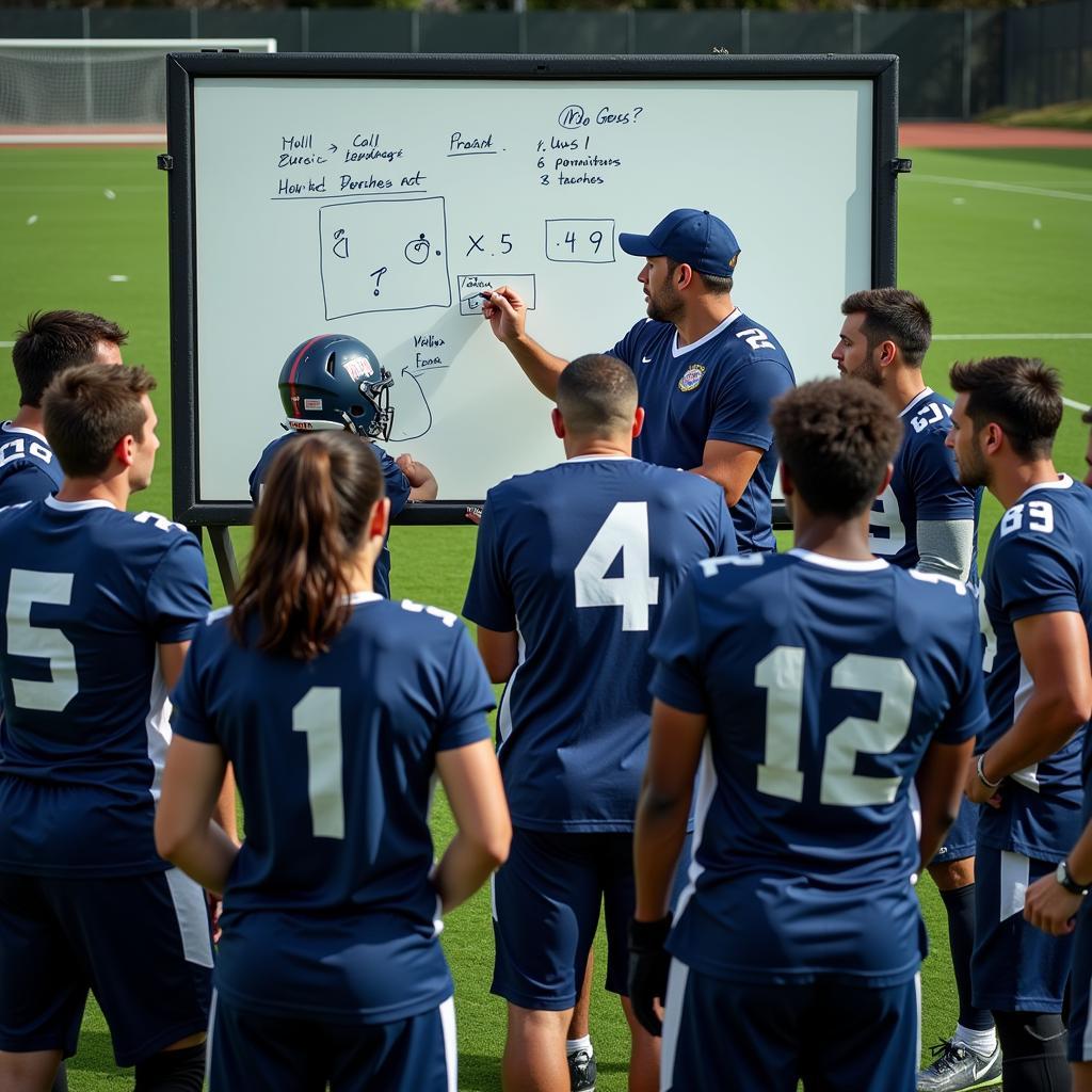 Football team in a huddle for tactical discussion