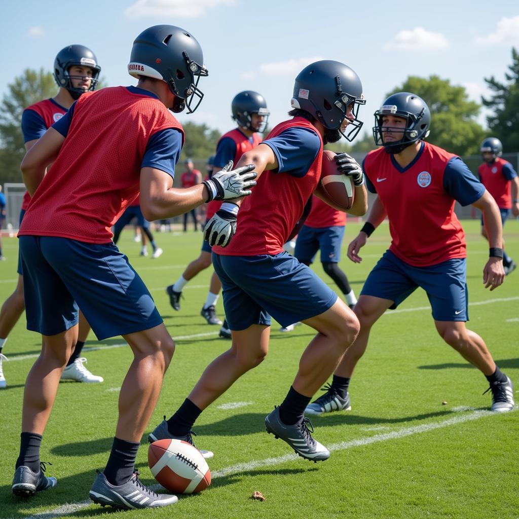 Football players practicing defensive drills, including the "billy block" technique, during a training session.