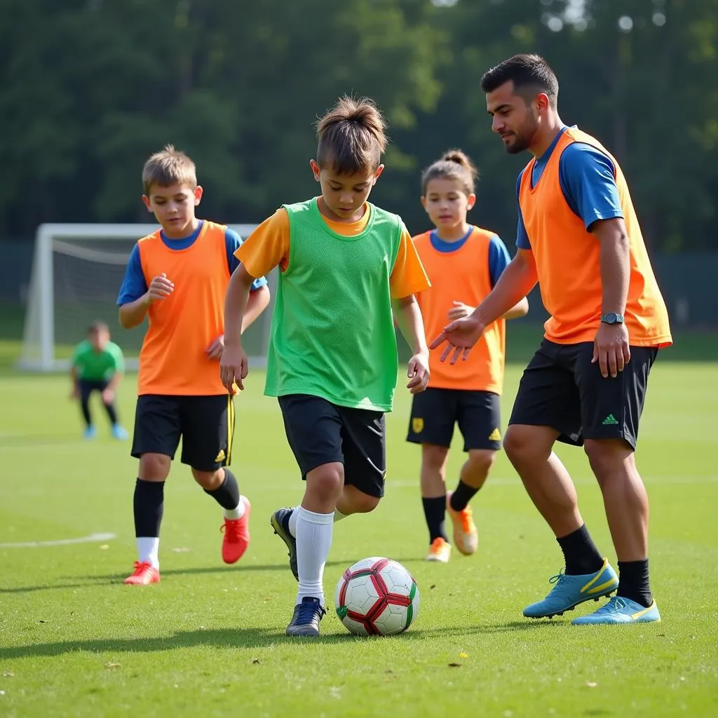 Football Training Drills: Players practicing dribbling and passing drills on the field.