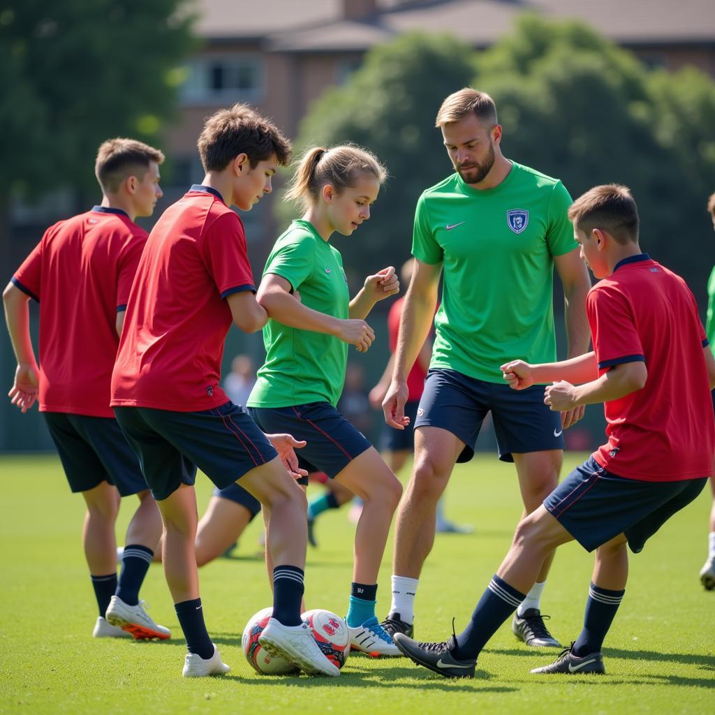 Players practicing midfield passing drills