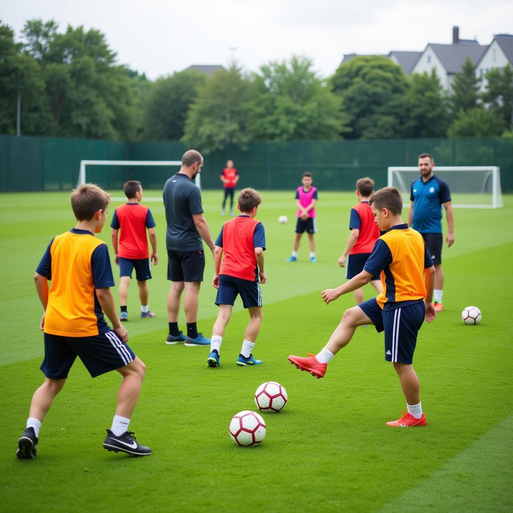 Young players practicing football training drills