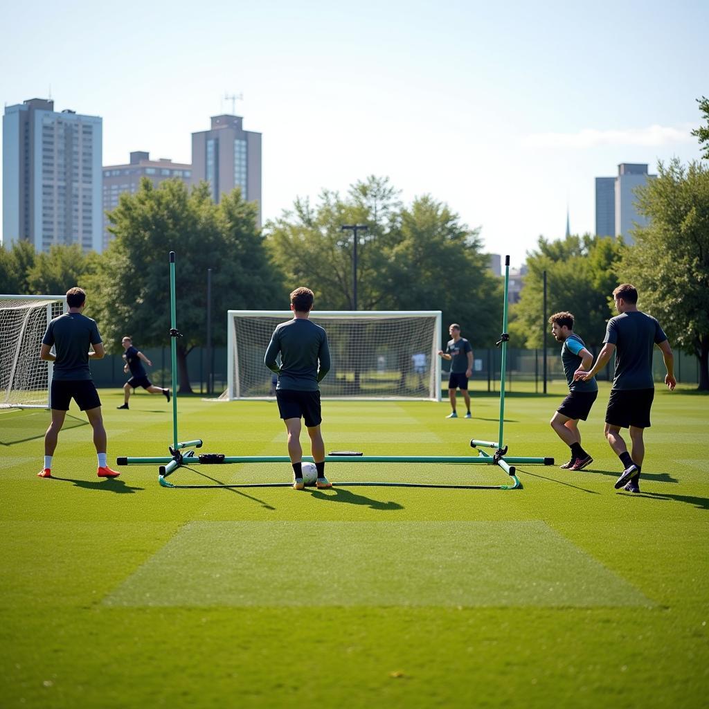 Group of footballers practicing with a unique training apparatus