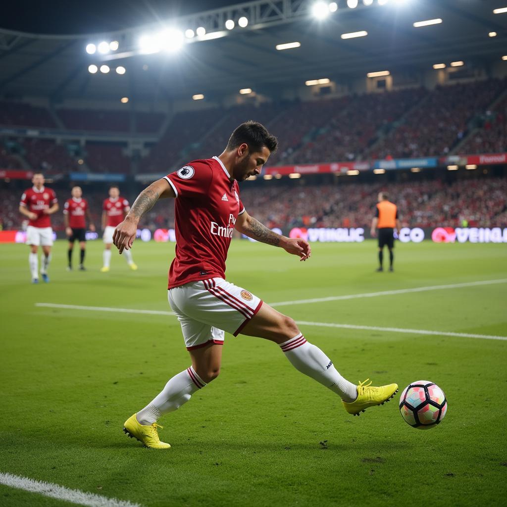  Footballer about to shoot the ball in a crowded penalty area