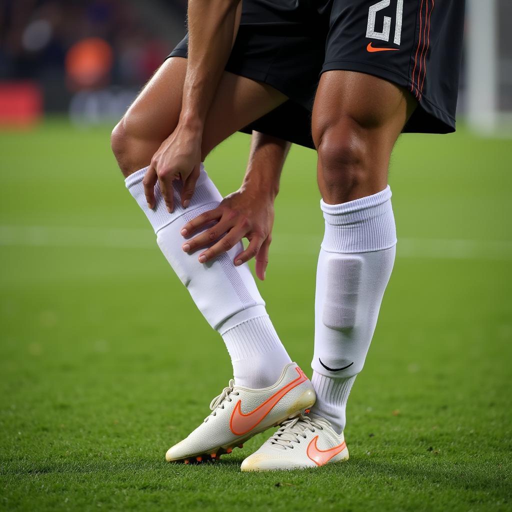 A football player adjusting his white long football socks before a game.