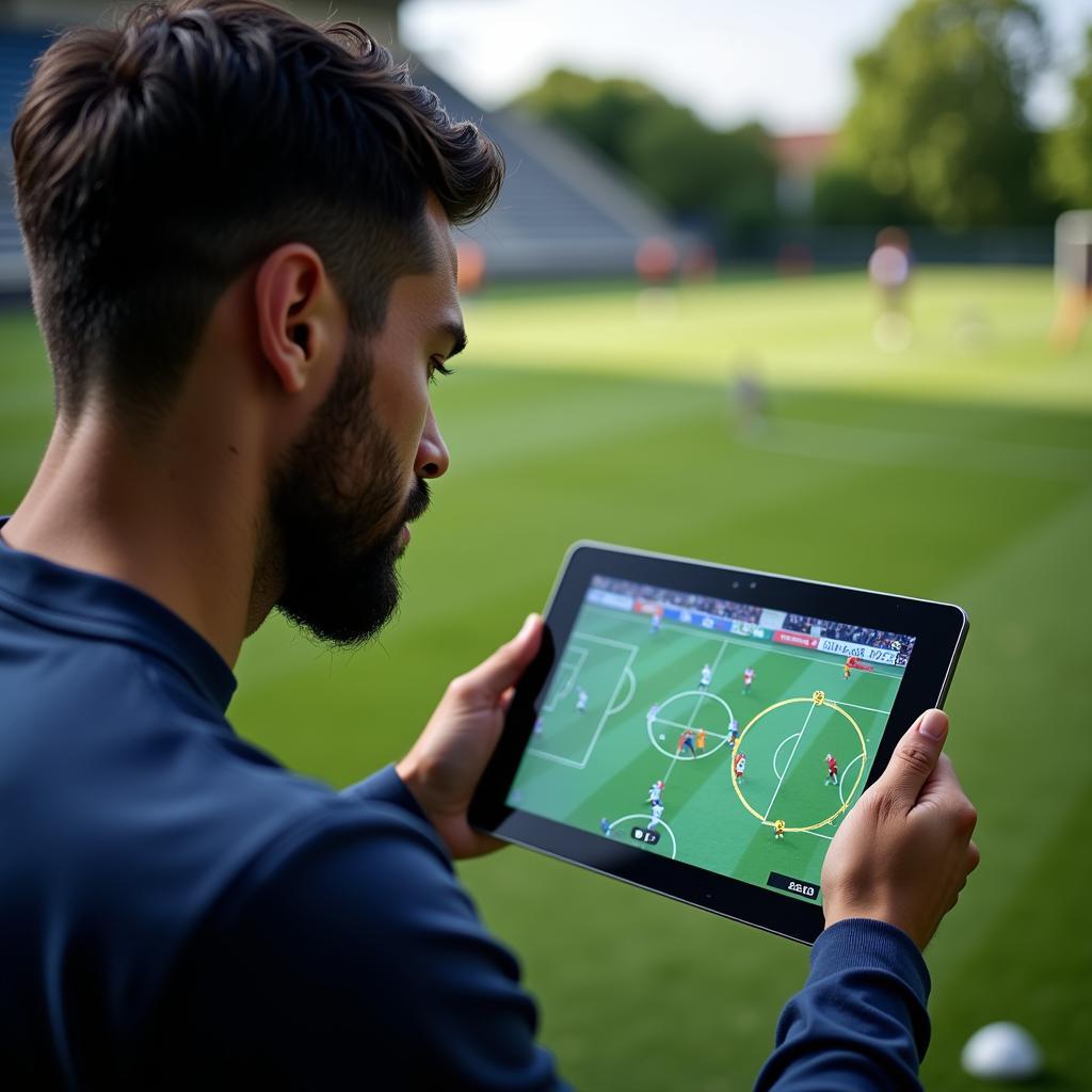 Footballer Analyzing Game Footage on a Tablet