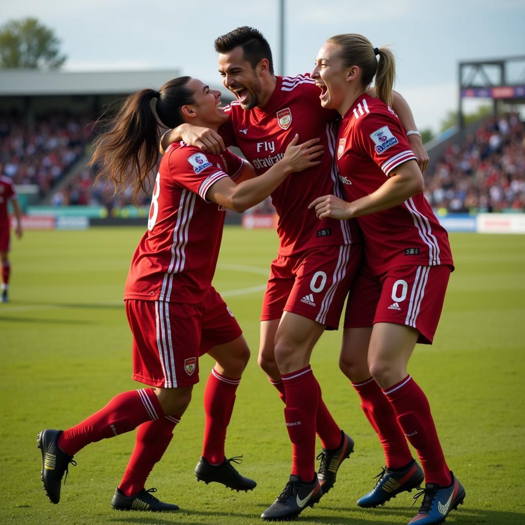 A jubilant footballer celebrating a goal, surrounded by his ecstatic teammates