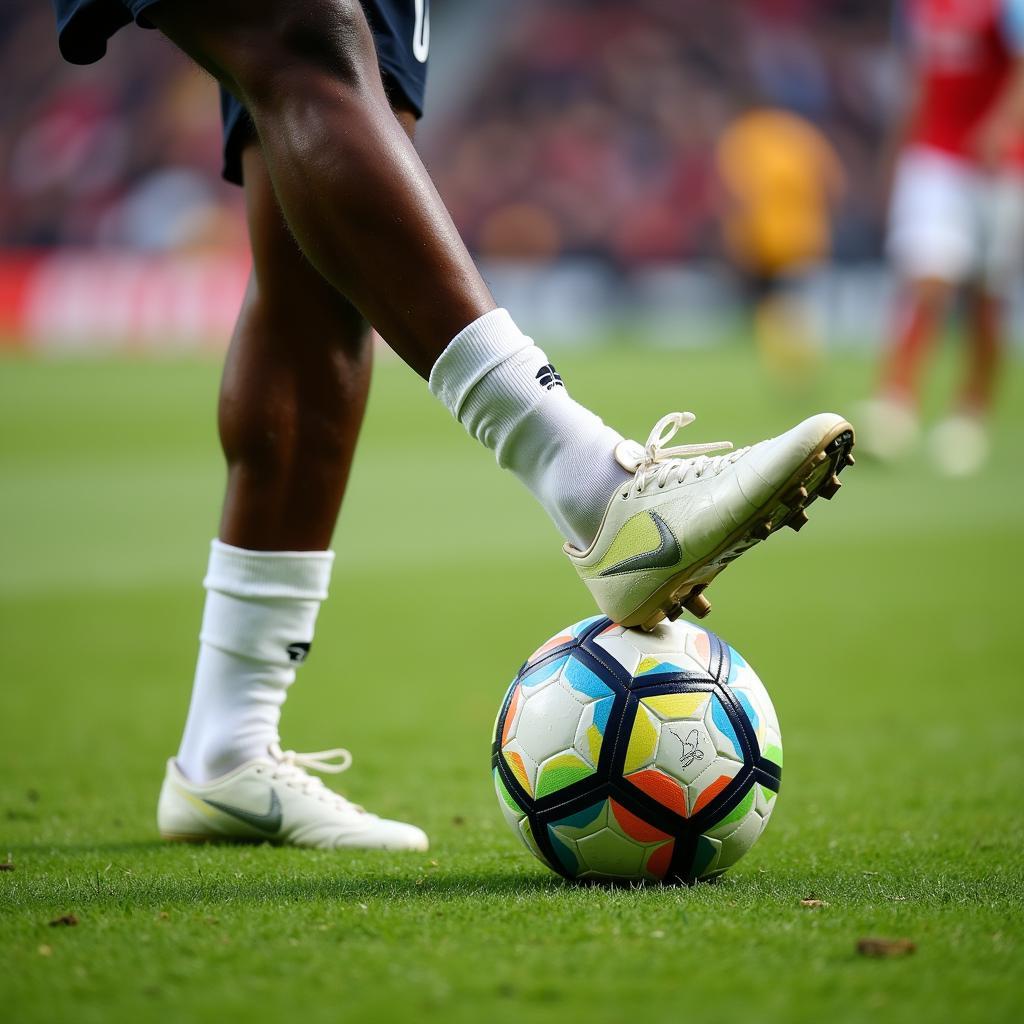 Close-up shot of a footballer's feet demonstrating intricate footwork and precise ball control