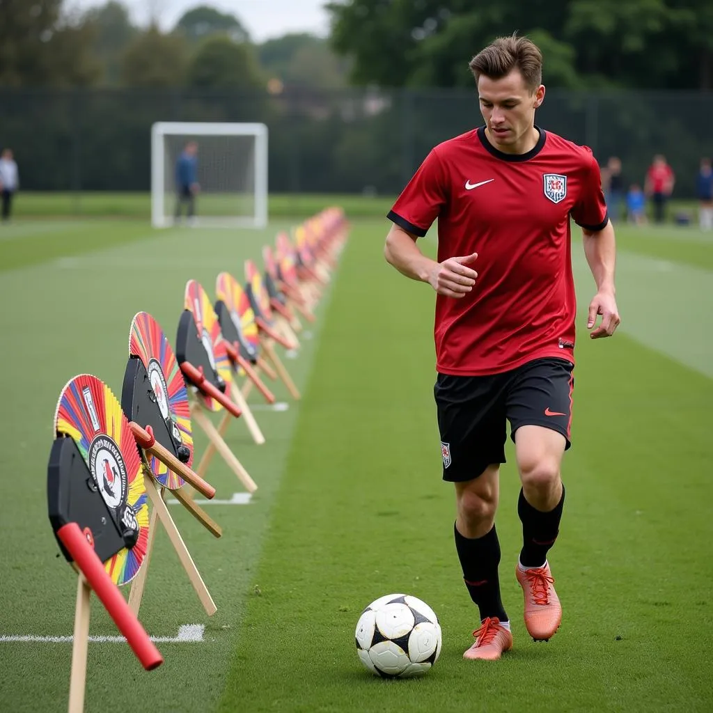 Professional footballer weaving through stick fans with precise control