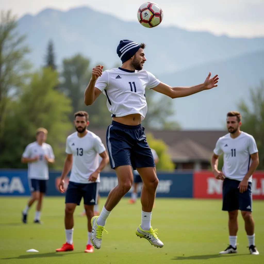 Footballer practicing headers with an LWR hat