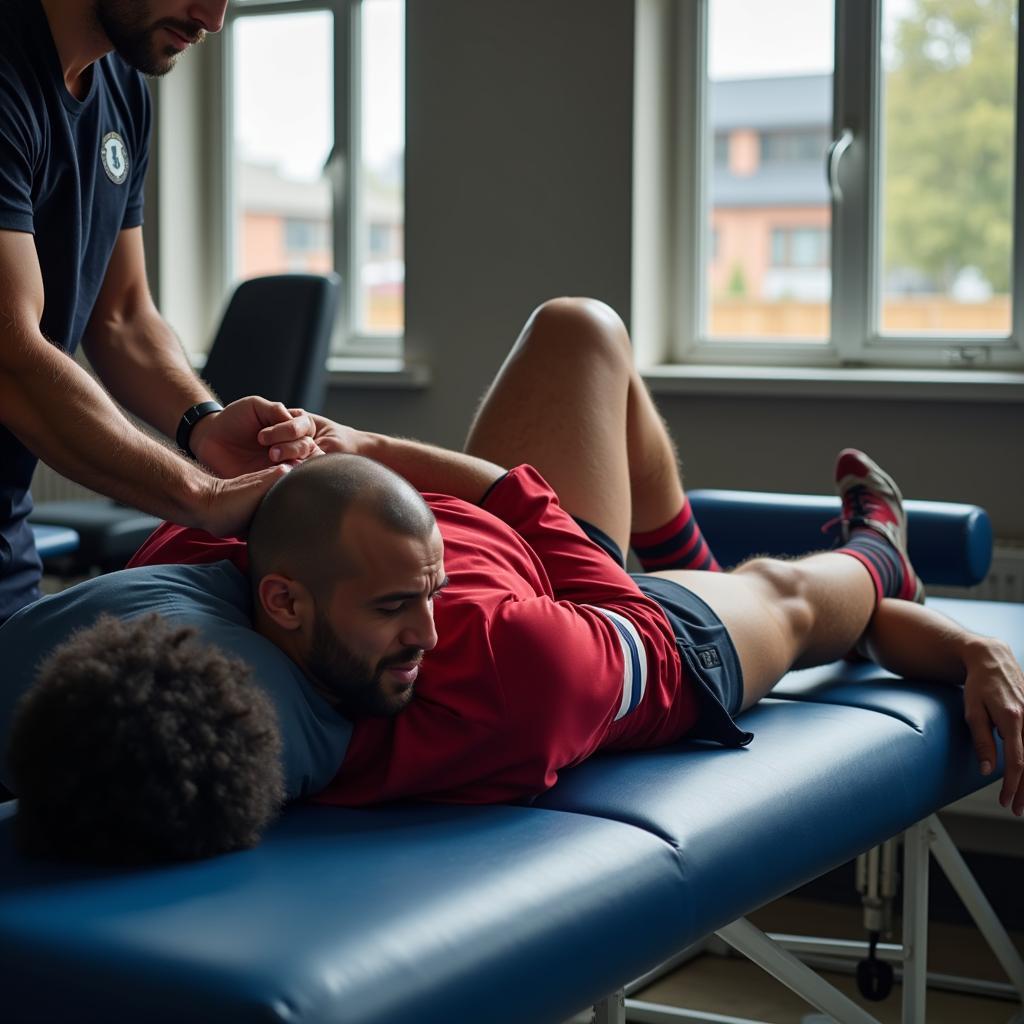 A footballer undergoing rehabilitation for an injury