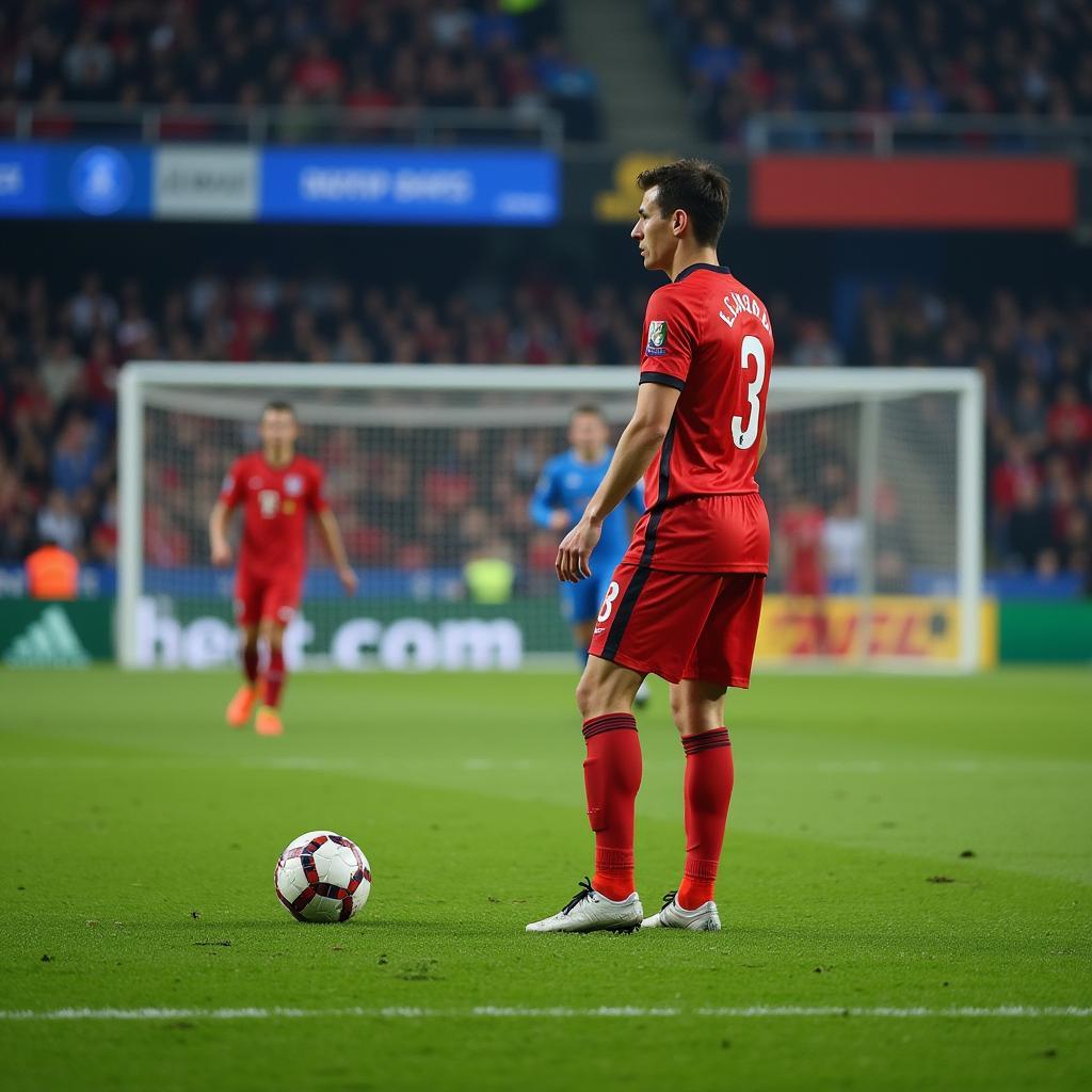 Footballer mentally preparing for a penalty kick, visualizing the trajectory and aiming for precision.