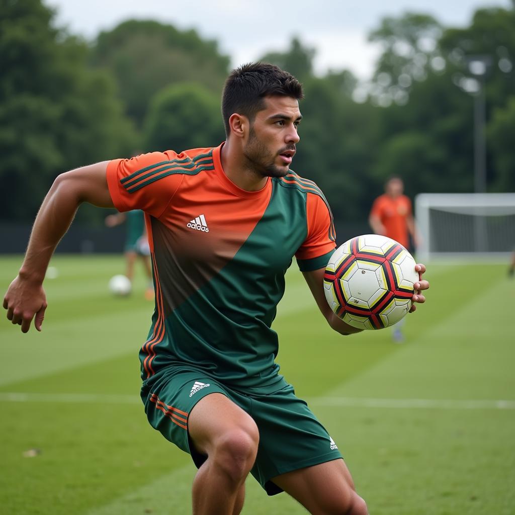 Footballer training rigorously in the gym