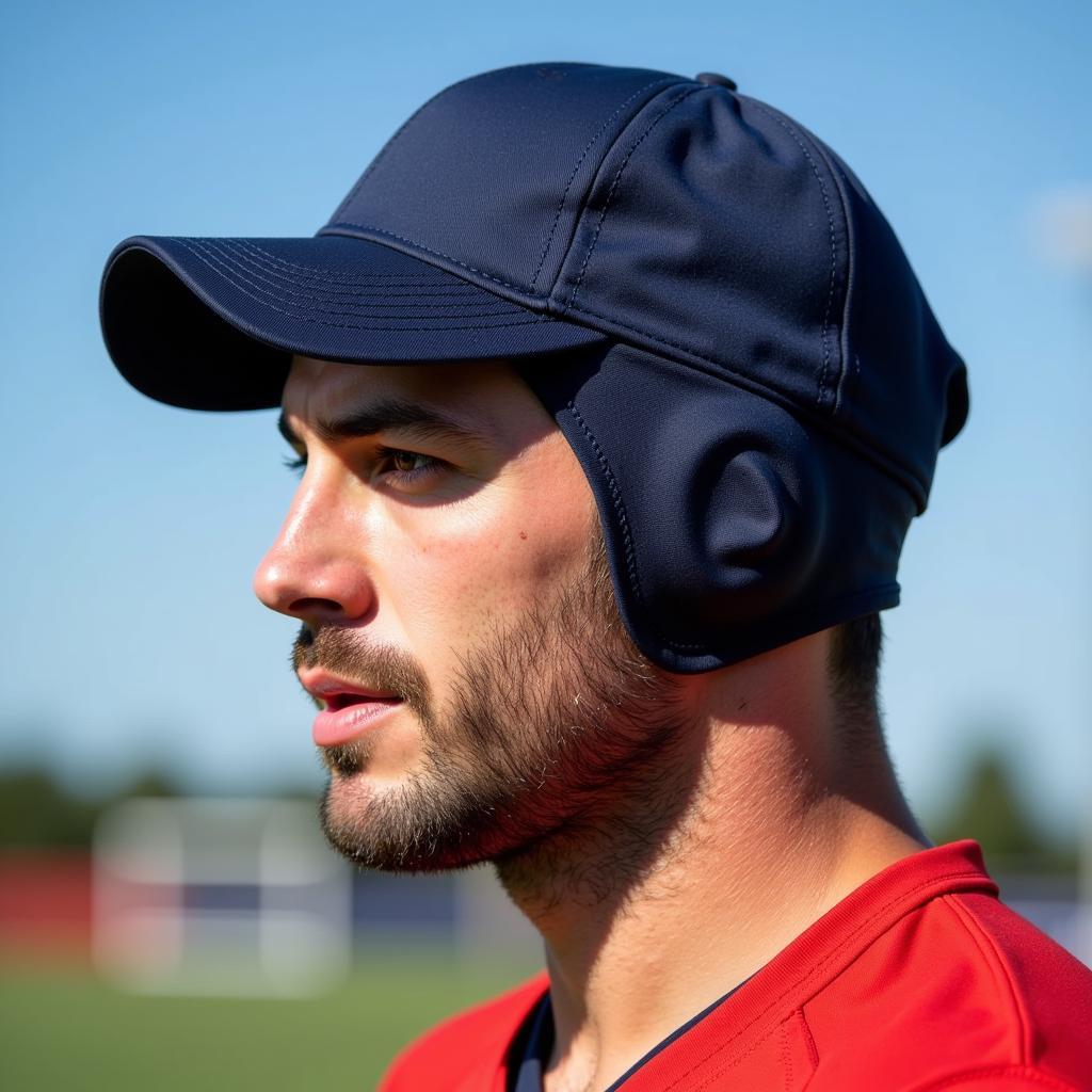 Footballer wearing a submarine cap on a bright day