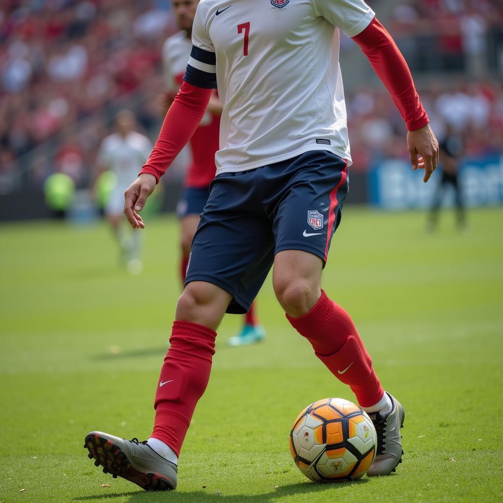 Football player with a toe guard in action