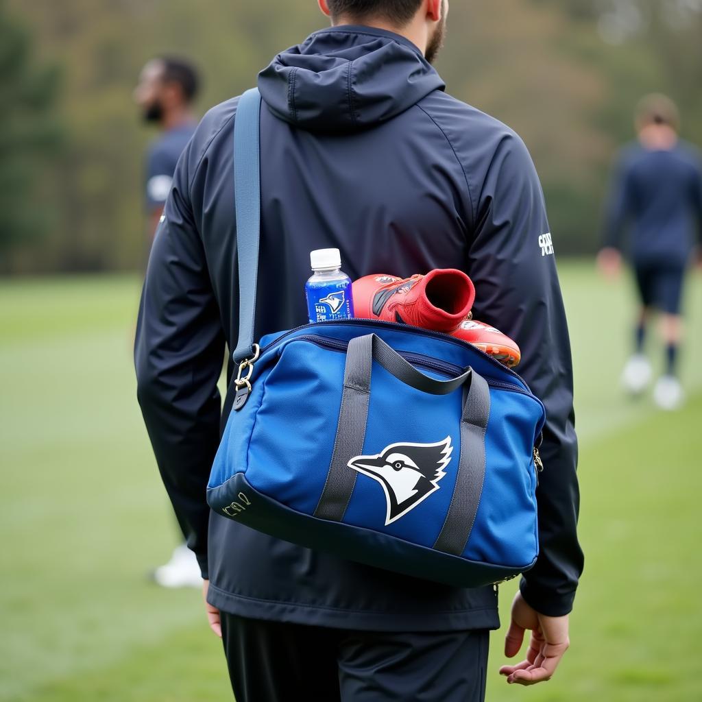 A footballer carrying a "bluejay bag" filled with gear