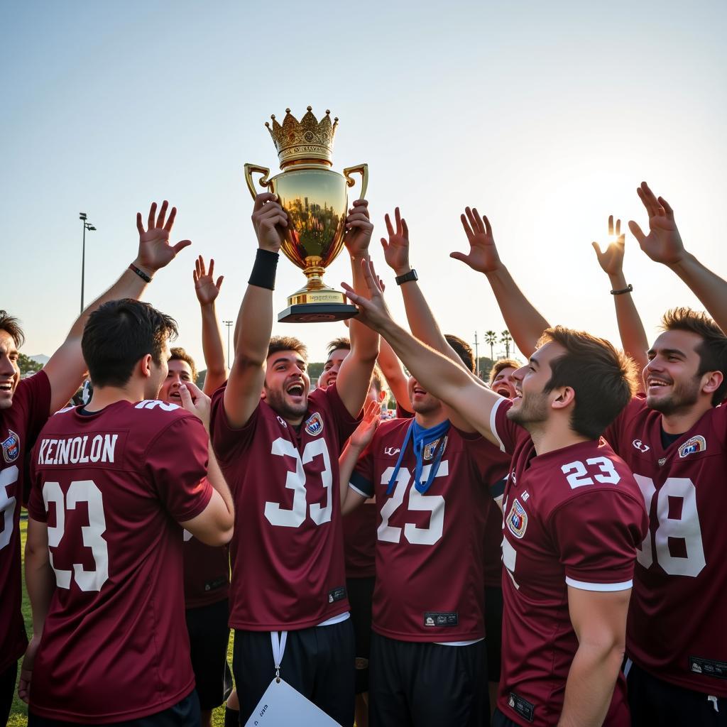 A team celebrating their win with the Crown 202 trophy