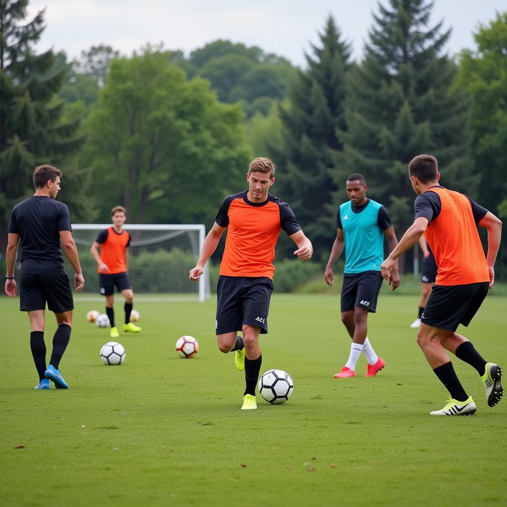 Players practicing forest top passes during training session