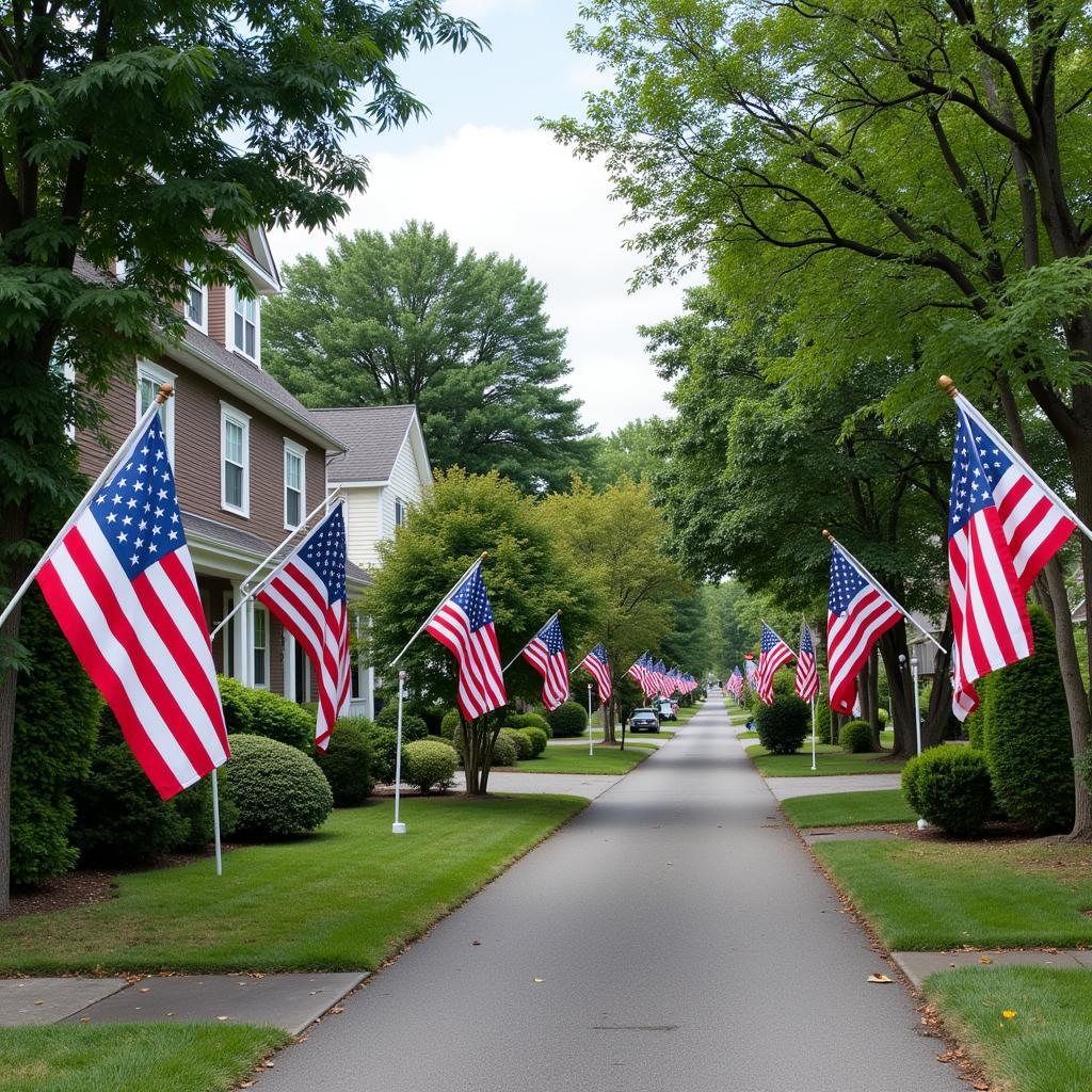 Fourth of July house flags lining a neighborhood street