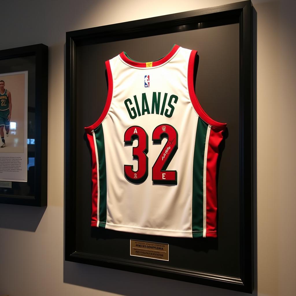 A framed signed Giannis Antetokounmpo jersey hanging on a wall