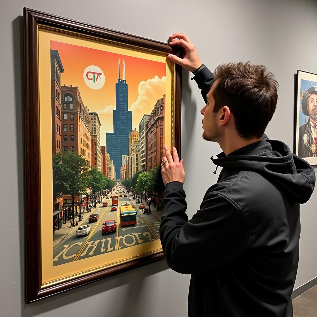 A person framing a Chicago Transit Authority poster depicting a bustling cityscape.