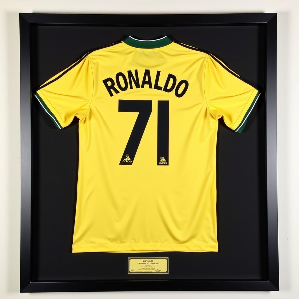 A framed Ronaldo 2002 jersey displayed on a wall