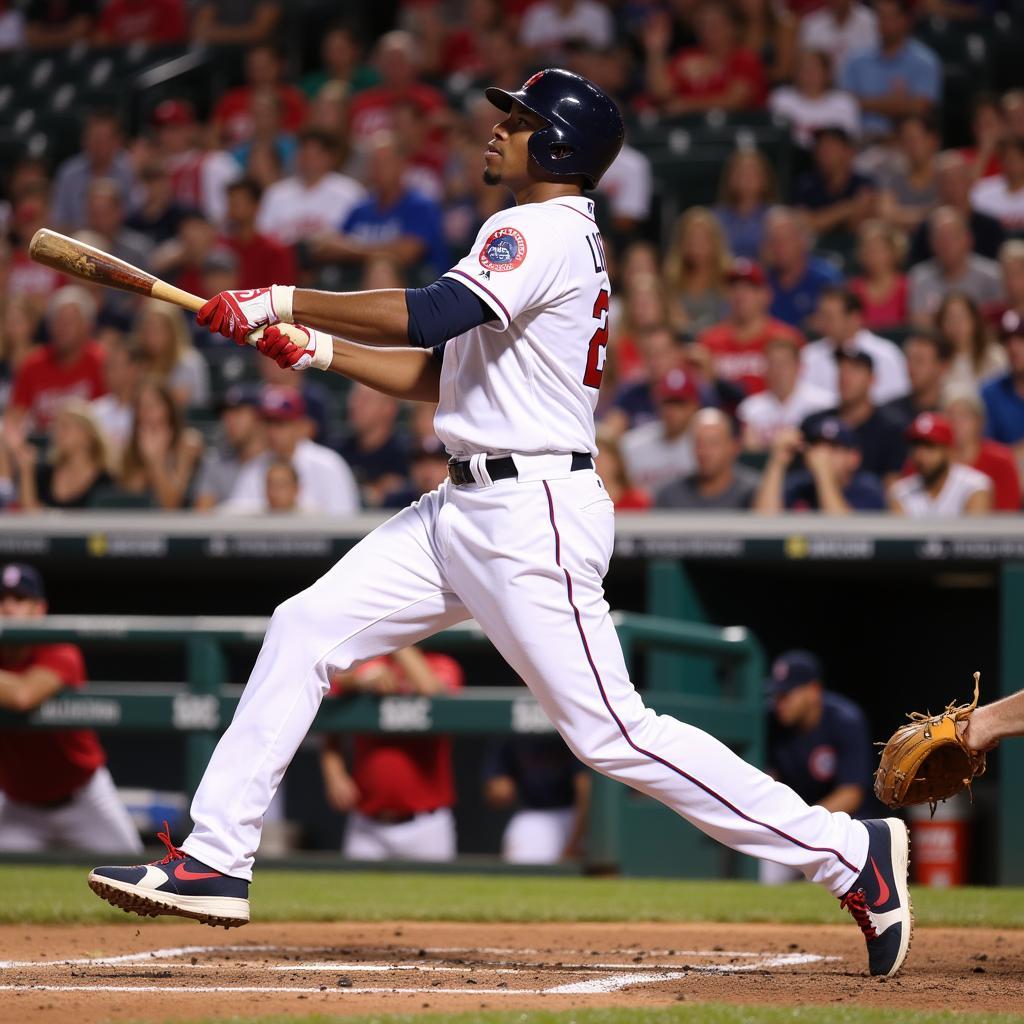 Francisco Lindor in his Indians jersey taking a swing