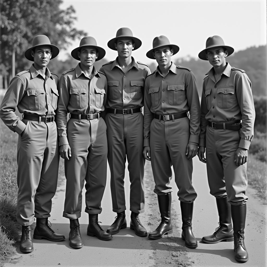 A vintage photograph depicting French soldiers wearing bush hats in colonial Indochina