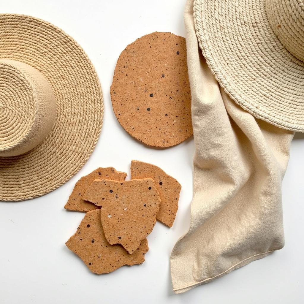 An assortment of natural materials used in traditional bush hat making, including cork, pith, and cotton.