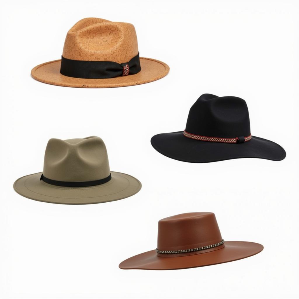 A display of different styles of French bush hats, showcasing variations in material and design.